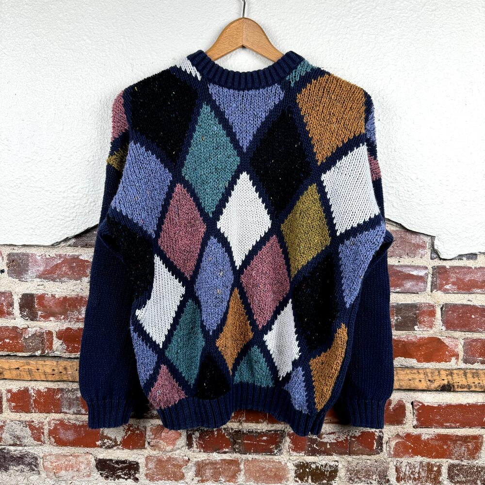 Vintage Etchings Sweater Sz Medium Blue Multicolor Diamond Pattern Crewneck 90s